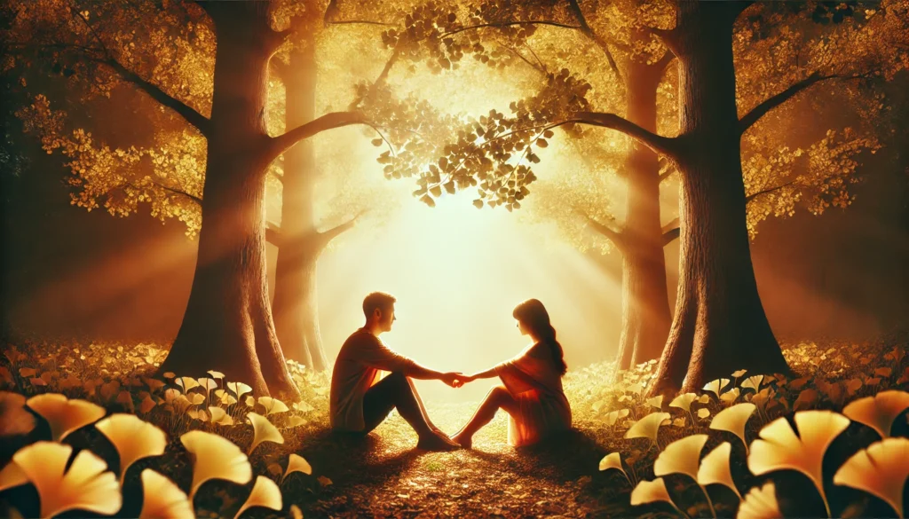A romantic couple walking hand-in-hand in a sunlit forest glade surrounded by Ginkgo Biloba trees, representing emotional intimacy and natural support for male vitality.