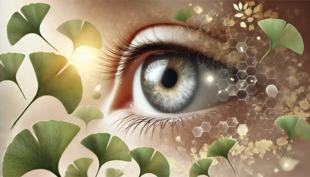 Artistic depiction of a healthy human eye with natural light and transparent Ginkgo Biloba leaves surrounding it, conveying a connection between herbal support and vision clarity.