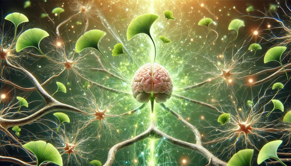 Surreal depiction of green botanical energy from Ginkgo biloba flowing through neurons and dendrites, visually enhancing synaptic activity and brain wave function.