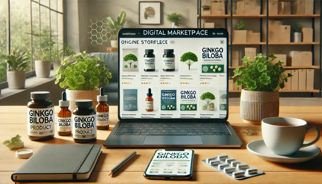 Modern home setup with a laptop and smartphone showing online stores selling Ginkgo biloba products, reflecting digital supplement shopping.
