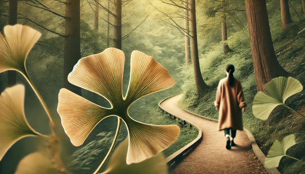 Ginkgo biloba leaves float gently in a tranquil forest while a woman walks confidently along a woodland path, visually representing natural support for balance and clarity.