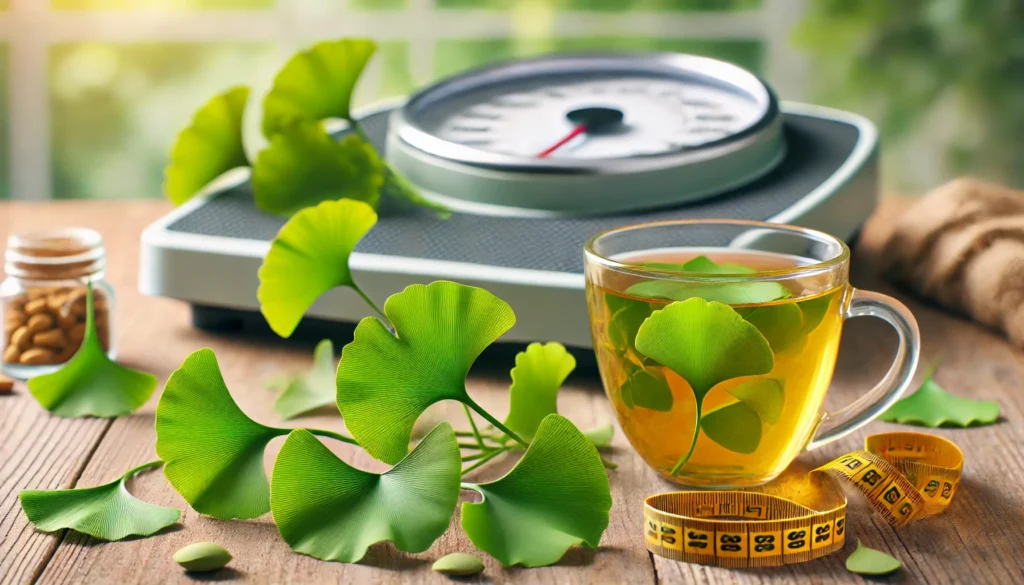 "Herbal drink made from Ginkgo Biloba leaves on a wooden table with a blurred scale and measuring tape in the background, conceptually representing metabolism and weight management."