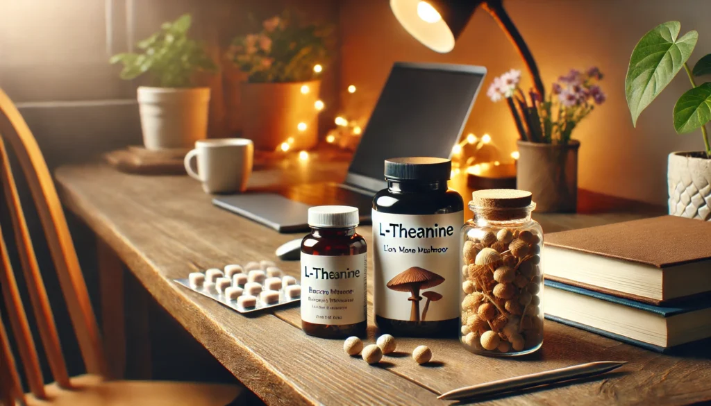 A peaceful home workspace with a bottle of natural nootropic supplements such as L-theanine, lion’s mane mushroom, and bacopa monnieri on a wooden desk. Soft lighting enhances the feeling of focus, relaxation, and confidence.
