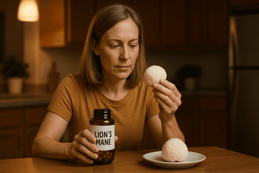 A middle-aged woman sits at a warmly lit kitchen table examining a fresh Lion's Mane mushroom, with a bottle labeled “Lion’s Mane” beside her. The ambient indoor lighting and wood-accented background create a cozy, focused atmosphere ideal for exploring the brain health benefits of Lion’s Mane mushrooms.