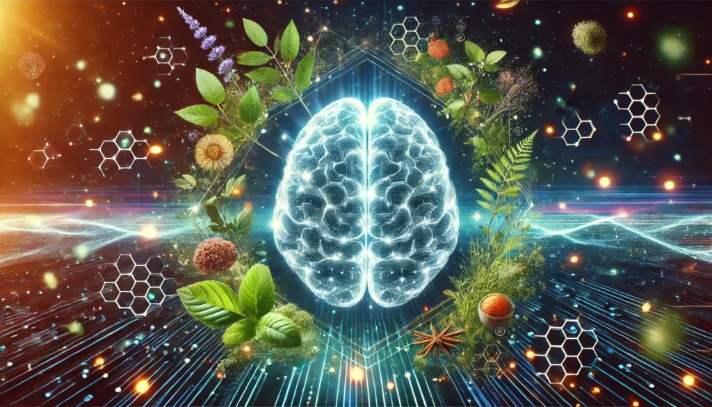 Glowing futuristic brain hologram surrounded by herbs and plants, illustrating the fusion of nature and science in cognitive enhancement.