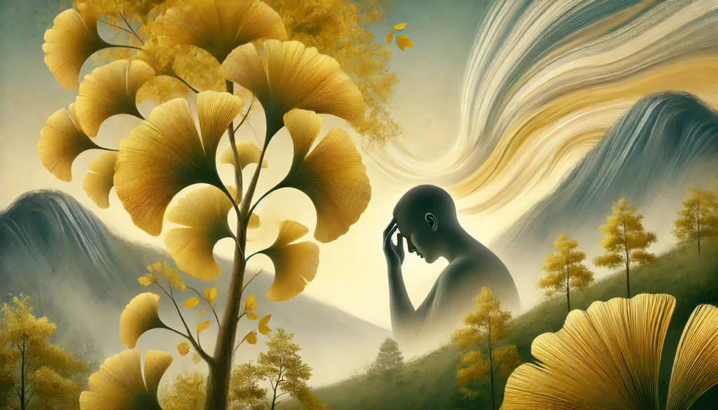 "Golden Ginkgo biloba tree in a peaceful landscape with soft imagery of a person experiencing migraine pain in the distance."
