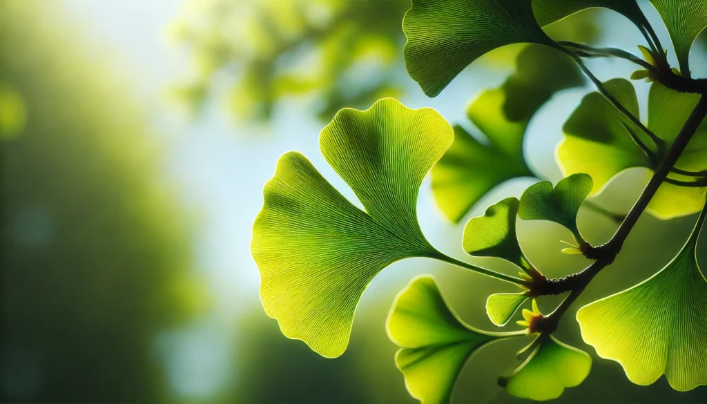 Close-up of fresh green Ginkgo Biloba leaves glowing in spring sunlight, highlighting the unique fan-shaped structure.