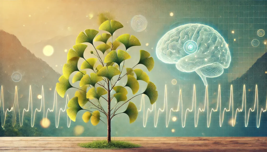 Serene landscape featuring a glowing Ginkgo biloba tree with a subtle overlay of brainwave patterns in the sky, representing the calming and cognitive effects of Ginkgo on brain activity.