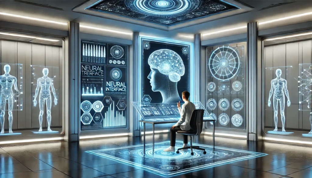 Individual interacting with futuristic neural training technology in a high-tech lab, symbolizing advanced cognitive training activities for mental energy and clarity.