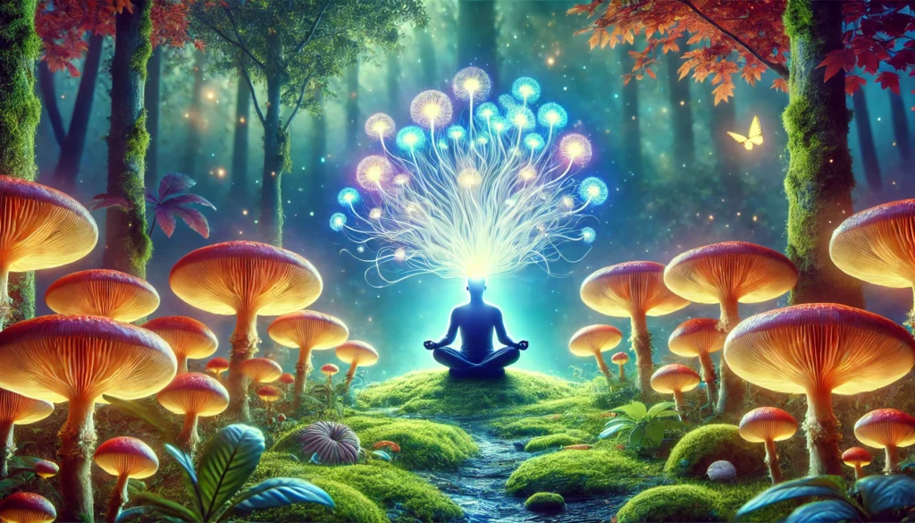 Person meditating in nature with radiant Lion’s Mane mushrooms nearby and soft light emerging from the head, representing mental clarity and calm ADHD support.
