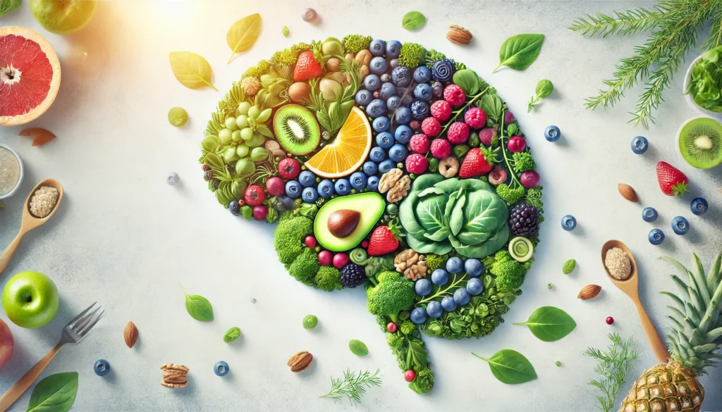 Artistic depiction of a brain formed from organic foods like berries, leafy greens, and nuts, highlighting the role of nutrition in supporting brain cell health.