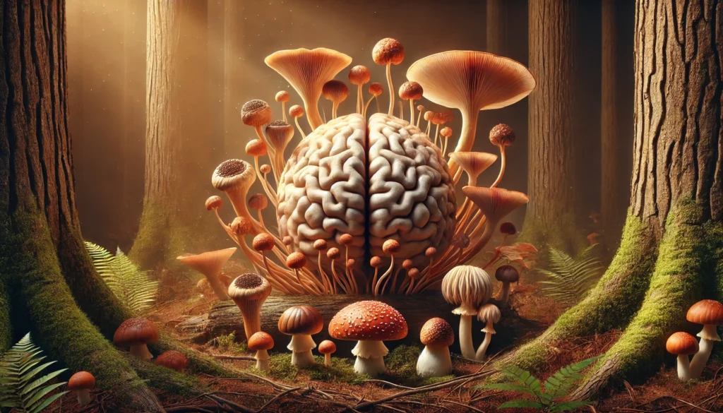 A conceptual visualization of a human brain surrounded by reishi, lion’s mane, and cordyceps mushrooms in a peaceful forest floor setting, illustrating cognitive clarity and mental wellness.