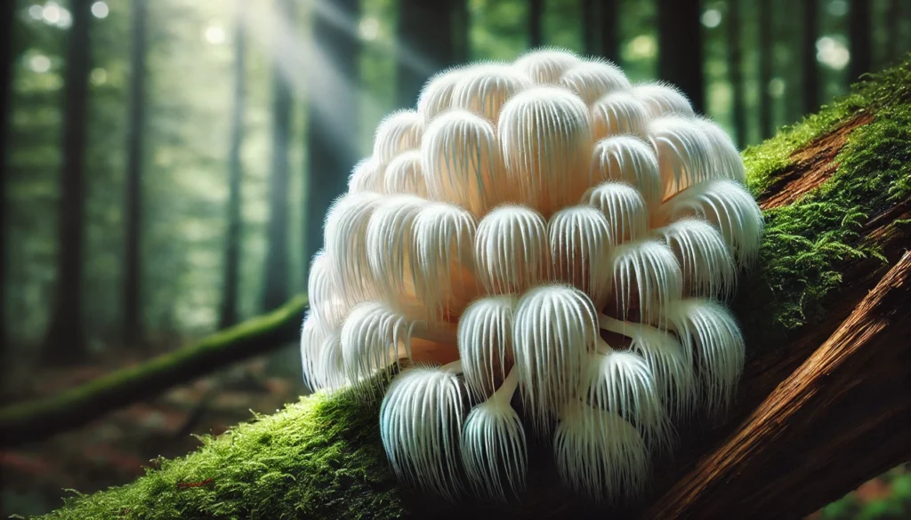 “Close-up of Lion’s Mane mushroom growing on a mossy tree trunk in a forest, representing natural cognitive enhancement benefits.”