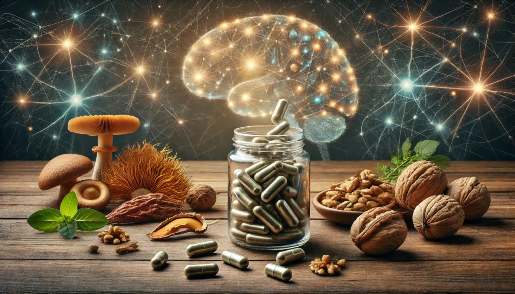 A close-up of a glass jar spilling nootropic capsules onto a wooden table, with surrounding natural ingredients like Lion’s Mane mushrooms, Ashwagandha roots, and Omega-3 rich walnuts, against a softly glowing neural background.