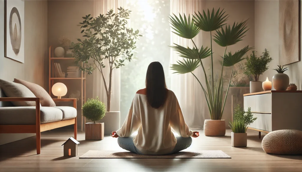 Individual meditating peacefully in a minimalist room with natural light and indoor plants, illustrating focus, stress relief, and cognitive balance.
