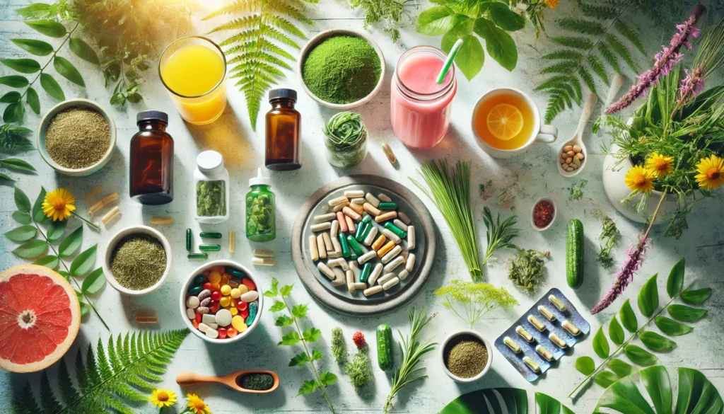 A vibrant flat lay of capsules, herbs, teas, and a smoothie on a sunlit table surrounded by greenery, showcasing plant-based nootropics for focus and wakefulness.