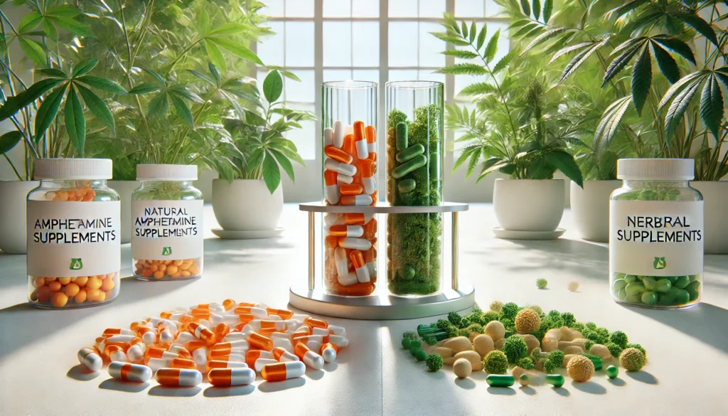 Side-by-side display of pharmaceutical capsules and natural herbal supplements on a clean white table, illustrating the contrast between amphetamine salts and natural focus-enhancing alternatives.