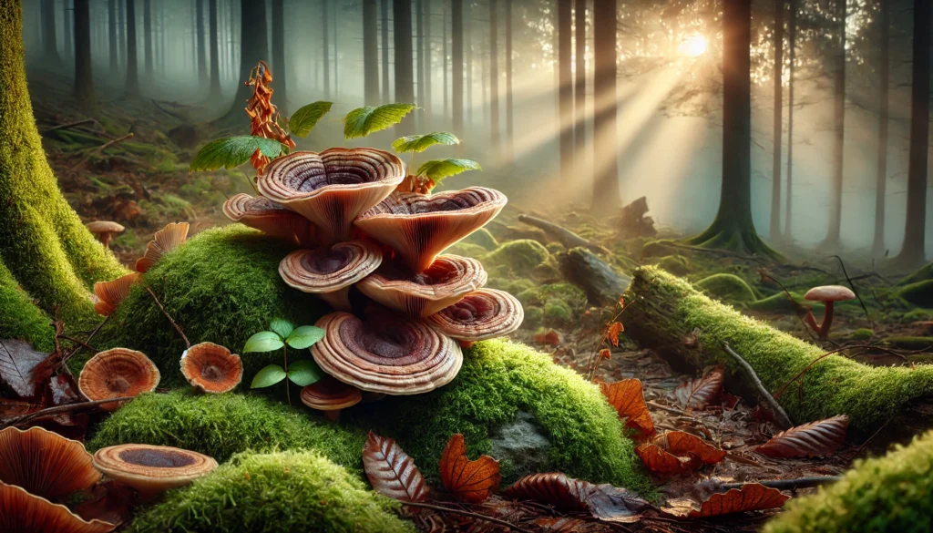 A peaceful forest floor with wild lion’s mane and reishi mushrooms growing near mossy rocks and autumn leaves, bathed in soft morning mist, representing the natural origins of mushrooms used for holistic weight management.