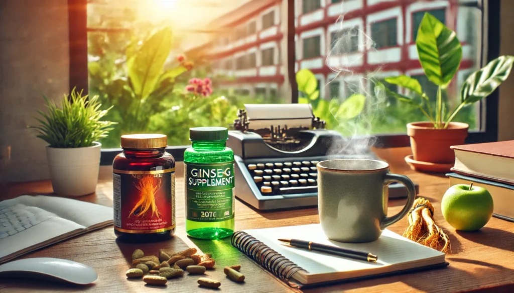 Energizing morning home office scene with a steaming mug of coffee, green tea bottle, ginseng supplements, and a sunlit workspace — highlighting productivity and over-the-counter energy support.
