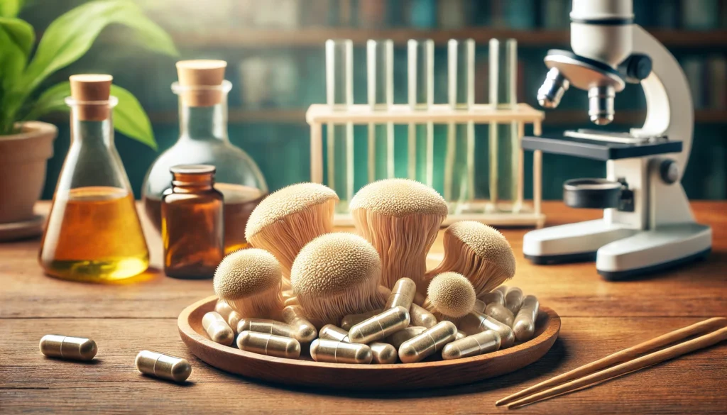 Close-up view of Lion’s Mane mushroom capsules and fresh mushrooms on a wooden table, with blurred scientific lab equipment in the background to suggest research-backed benefits.