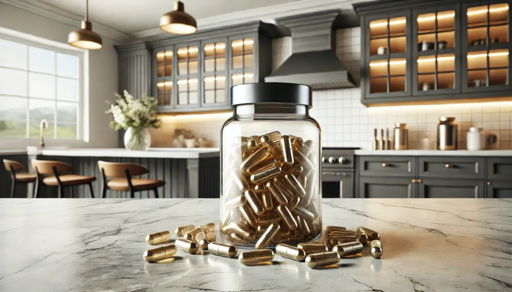 Glass jar of Lion’s Mane capsules on a marble countertop in a modern kitchen setting, with a clean and minimalistic wellness vibe.”