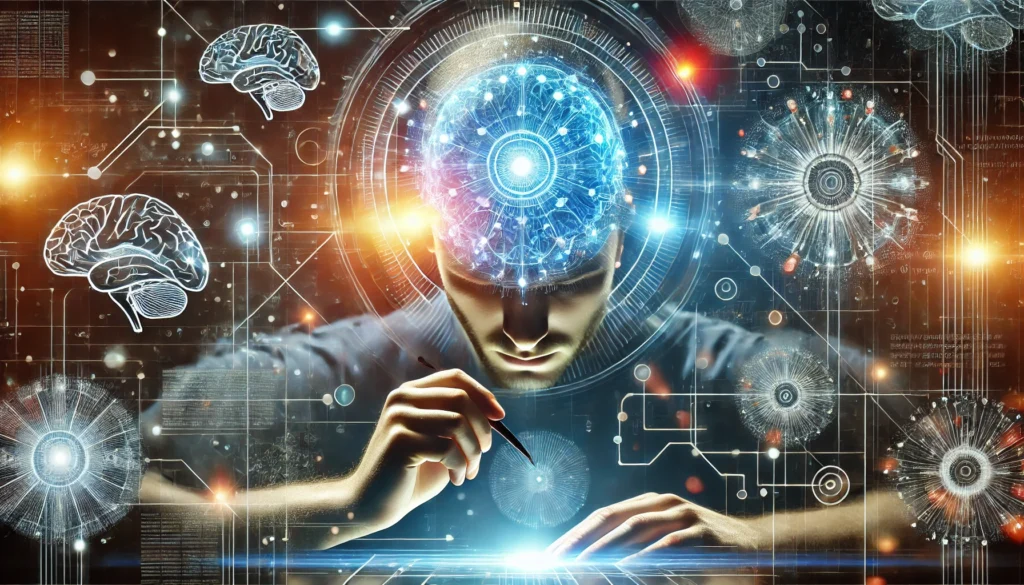 Focused individual surrounded by abstract neural graphics and holographic interfaces, visualizing heightened concentration and alertness supported by nootropics.