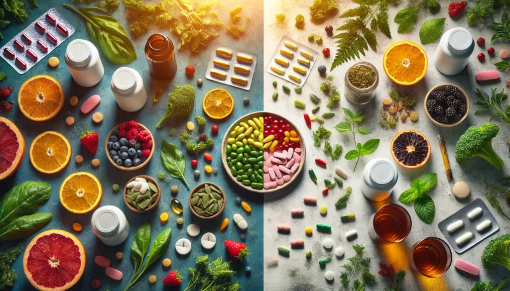 A contrasting table layout displaying natural brain-boosting foods and supplements on one side and synthetic stimulants and energy drinks on the other, illustrating the choice between stimulant abuse and safer, holistic alternatives.