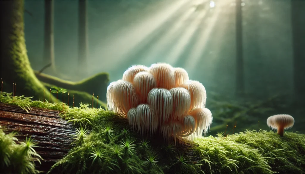 Shaggy Lion’s Mane mushroom growing on a mossy tree trunk in a peaceful, misty forest, visually representing focus, cognitive support, and natural brain enhancement.