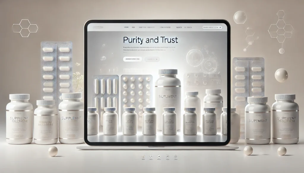 A sleek and minimalistic online store layout featuring a grid of supplement bottles, enhanced by soft lighting and a subtle medical theme.