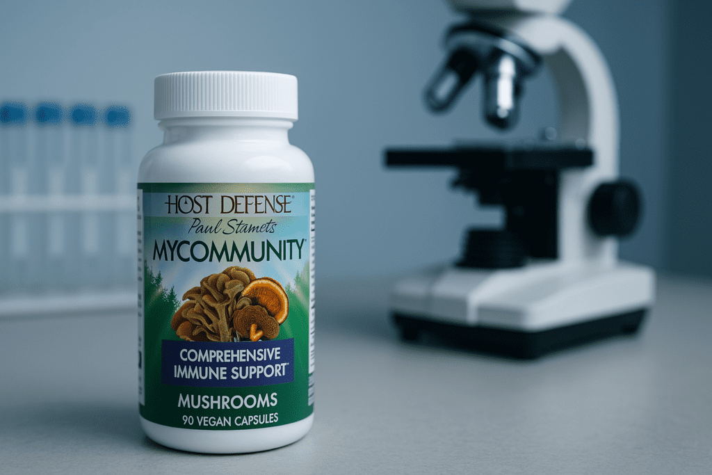 A bottle of Host Defense MyCommunity mushroom supplement sits on a clinical gray countertop, with a blurred microscope and test tubes in the background under cool, sterile lighting. The image visually reinforces the science-based credibility behind Paul Stamets’ supplement line.