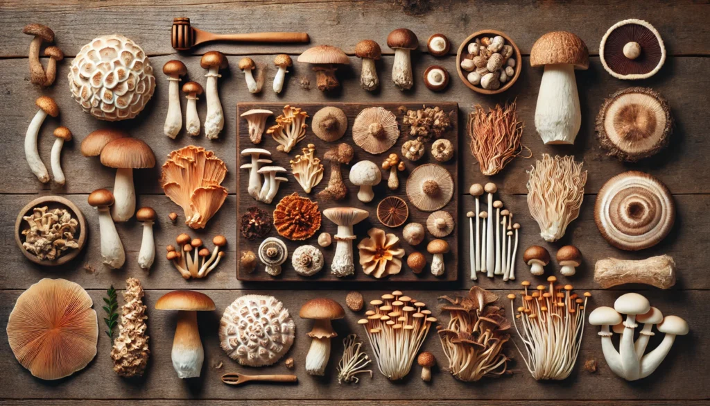 Top 10 healthiest mushrooms — reishi, lion’s mane, cordyceps, turkey tail, maitake, shiitake, chaga, tremella, enoki, and oyster — neatly arranged on a rustic wooden table in natural light.