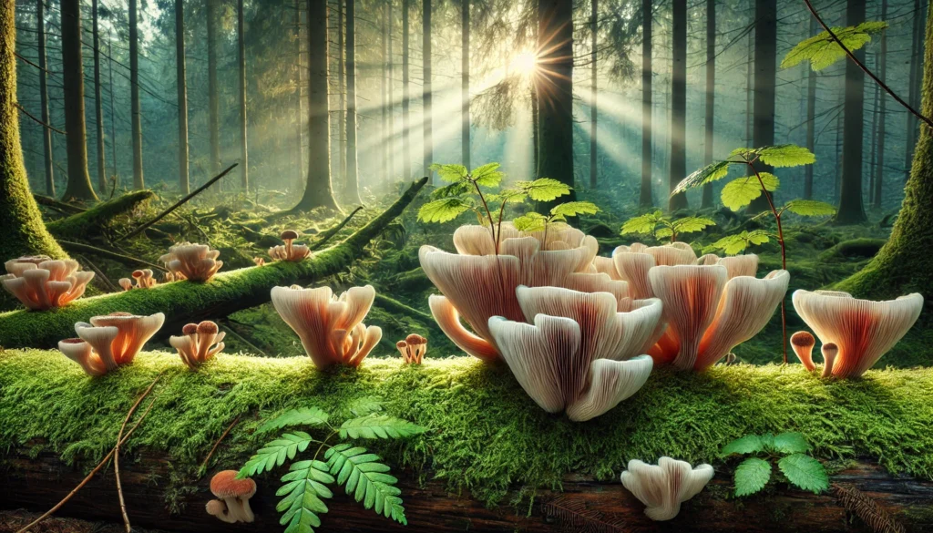 Lion’s Mane and Turkey Tail mushrooms growing in a lush, moss-covered forest with soft morning light filtering through the trees, evoking natural cardiovascular wellness and circulatory balance.