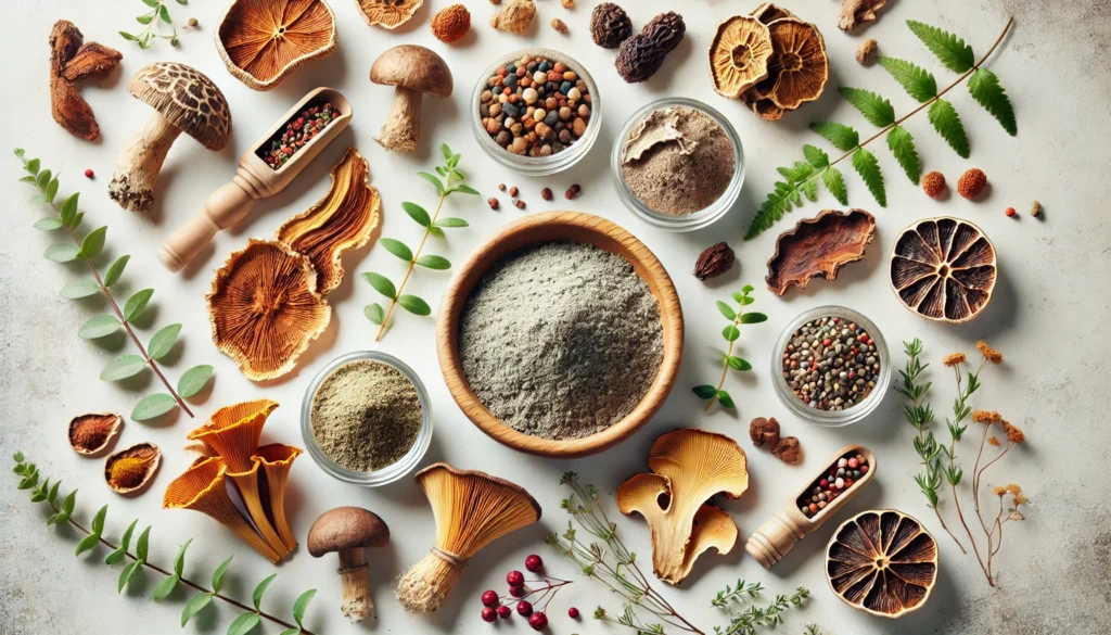 Top-down view of mushroom powders in small glass bowls, surrounded by dried mushrooms such as chaga and turkey tail, with herbs and berries arranged on a clean white surface.