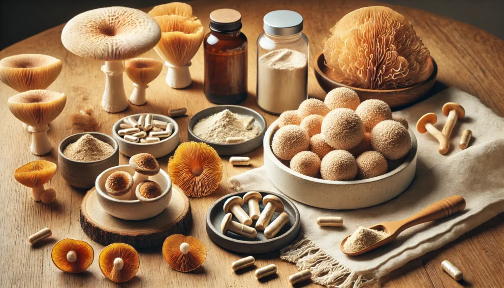 "Flat lay of Lion’s Mane mushroom supplements including capsules, powders, and fresh mushrooms arranged on a wooden table in a clean, minimal setting."