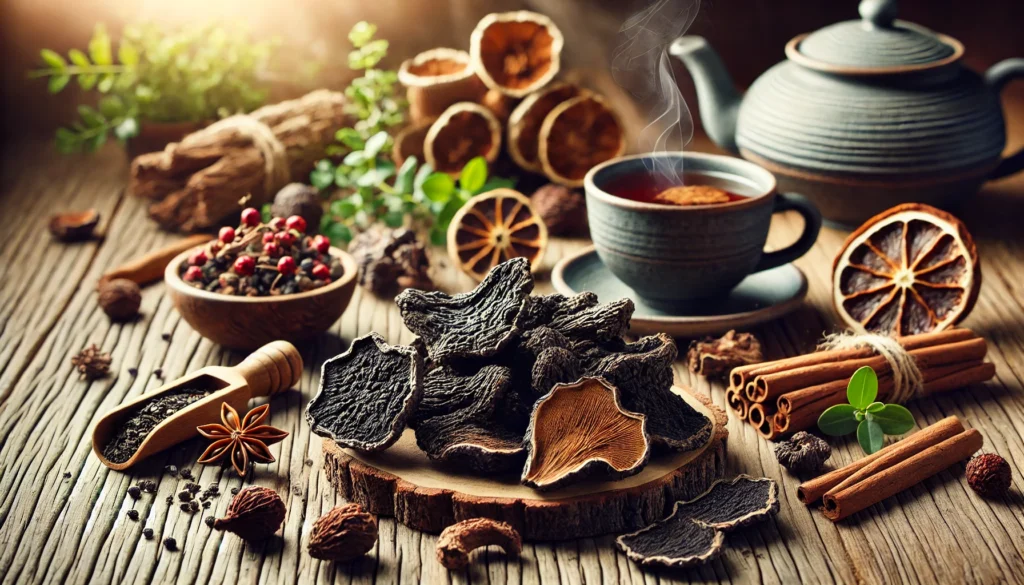 Close-up of Chaga mushroom chunks on a rustic wooden table with herbal elements and a steaming cup of tea in the background, suggesting natural immune and brain health benefits.