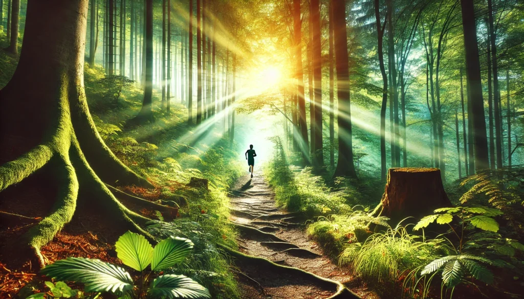 Forest trail at sunrise with a runner in the distance, symbolizing natural energy, vitality, and mental clarity through physical activity and nature.
