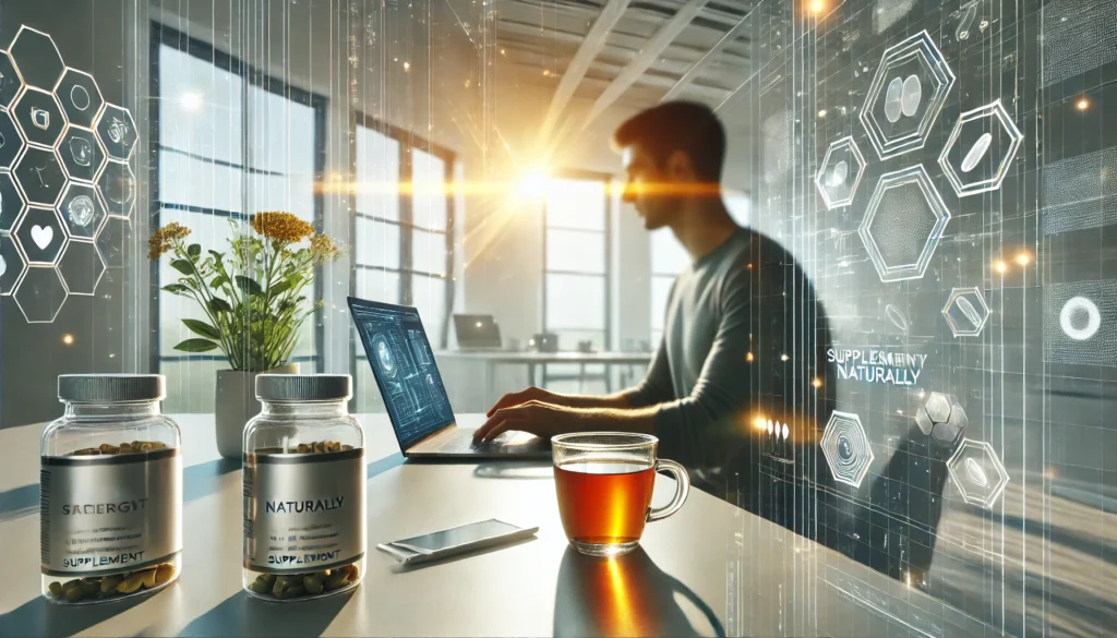 Futuristic, minimalist workspace featuring a person working with focus, accompanied by a cup of herbal tea and supplement bottles, suggesting productivity through natural energy support.