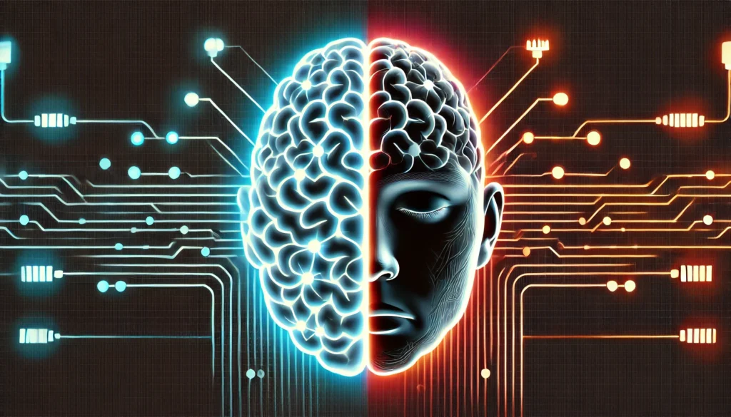 Artistic representation of a brain split between glowing stimulation and shadowy exhaustion, depicting the cognitive highs and lows associated with amphetamine use.