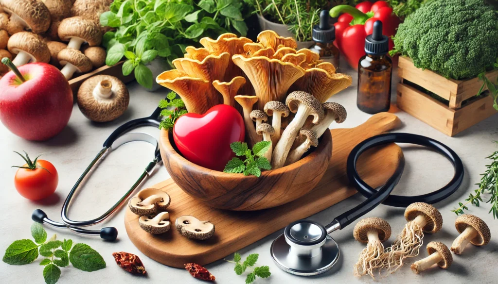 A bowl of assorted mushrooms such as lion’s mane and maitake next to a stethoscope and symbolic heart, surrounded by fresh herbs on a clean kitchen counter.