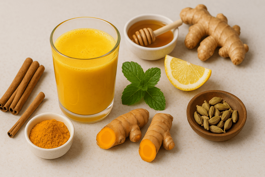 Glass of golden turmeric latte surrounded by cinnamon sticks, turmeric root, cardamom pods, ginger, lemon slice, and honey, representing a warm caffeine-free drink to boost energy and focus naturally
