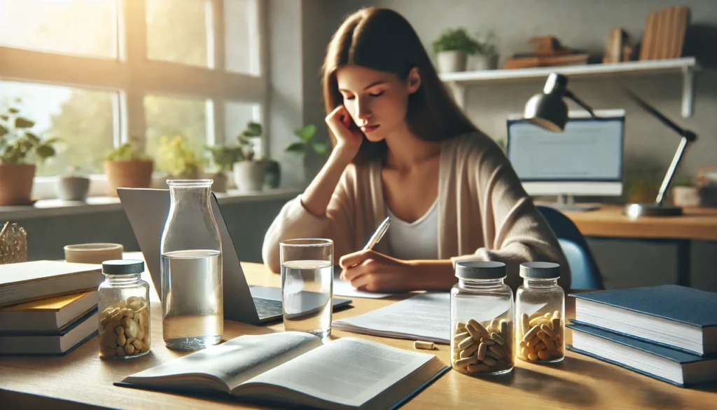 A modern workspace featuring a focused student at a desk, surrounded by brain-boosting supplements, a glass of water, and study materials. Sunlight filters through a window, and a blurred laptop screen displays research notes.