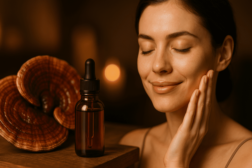A glowing woman with healthy skin touches her cheek beside a glass bottle of Reishi mushroom serum, both placed on a rustic wooden surface. The warm indoor ambient lighting and rich, earthy tones create a relaxing spa-like atmosphere that visually emphasizes the skincare benefits of Lingzhi mushrooms.