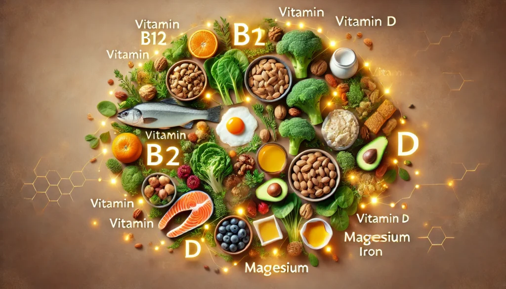 A vibrant display of nutrient-rich foods such as leafy greens, fish, nuts, eggs, and dairy, highlighted by glowing labels of vitamin B12, vitamin D, magnesium, and iron, showcasing the essential nutrients needed for optimal brain health.
