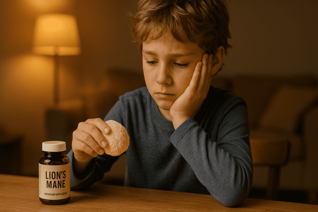 A boy around 10 years old sits in a warmly lit living room, thoughtfully examining a Lion’s Mane mushroom while a supplement bottle rests on the wooden table. The cozy ambient lighting and indoor setting create a reflective mood, ideal for illustrating parental concerns about Lion’s Mane mushroom safety for children with ADHD.