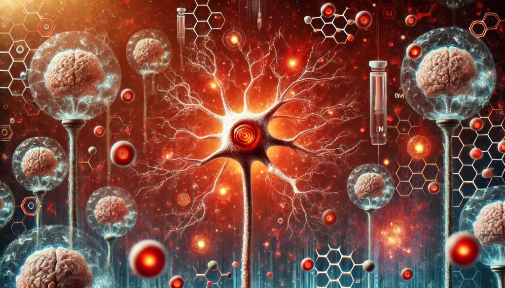 A scientific representation of oxidative stress and neuroinflammation, featuring a neuron surrounded by glowing red inflammation and molecular free radicals, illustrating the cellular effects of oxidative damage on brain function.