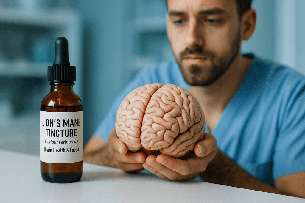 In a cool clinical setting, a medical professional in scrubs holds a brain model behind a sharply focused Lion’s Mane tincture bottle. The scene visually emphasizes the potential of Lion’s Mane for brain health and cognitive focus, reflecting a science-backed perspective.