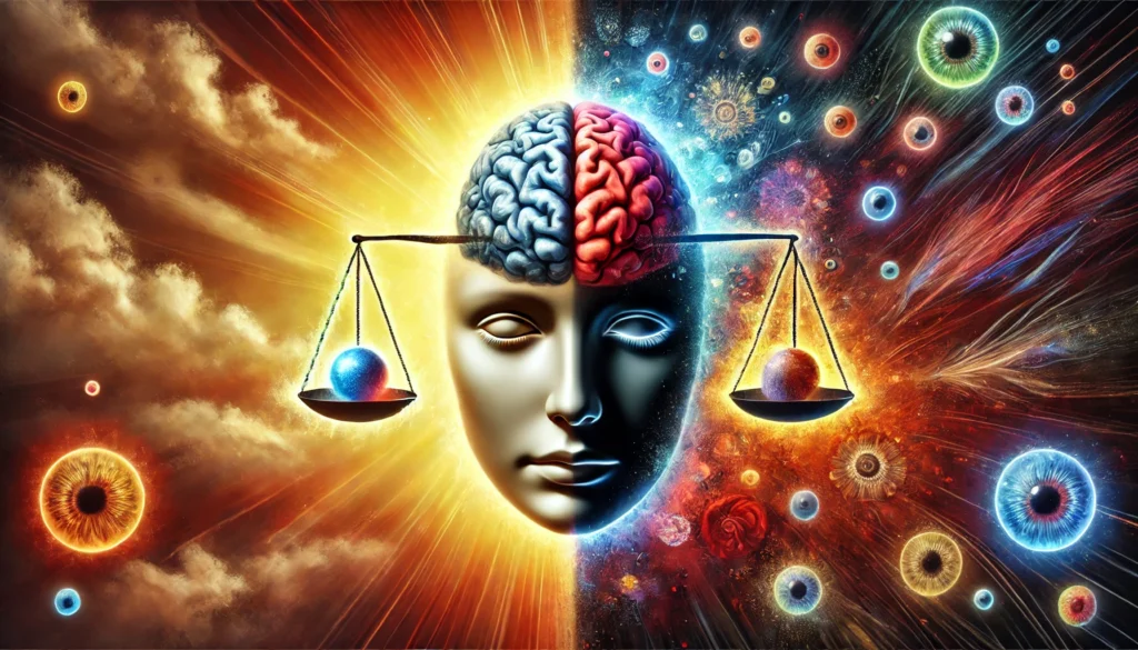 A surreal visualization of the balance between Piracetam’s benefits and risks, depicting a clear, focused mind contrasted with shadowy distortions representing anxiety, confusion, and dizziness.