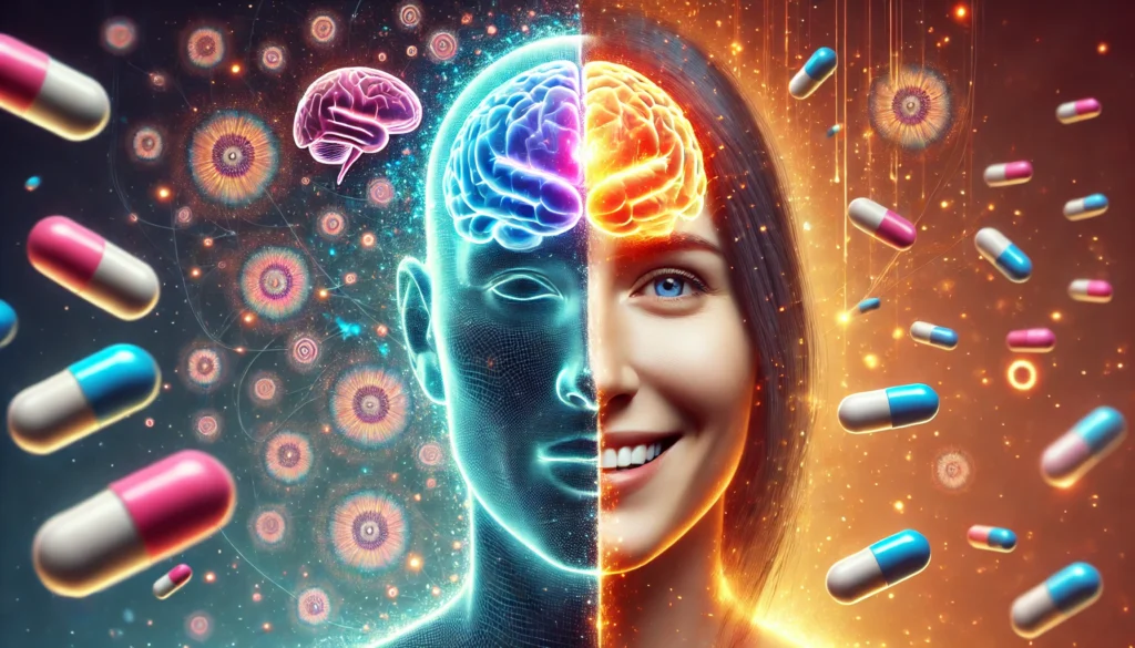 A conceptual split-face portrait showing the impact of acetylcholine-affecting drugs on mood. One half of the face is smiling with a glowing brain, while the other half is sad with a dimmed brain. Floating medicine capsules swirl around, representing pharmaceutical effects.