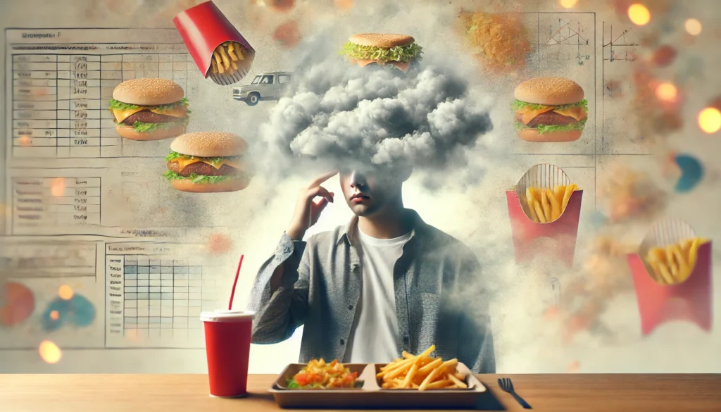 A person experiencing brain fog after consuming a meal of greasy fast food and sugary drinks, holding their head with a dazed expression. The blurred background enhances the feeling of mental fatigue.