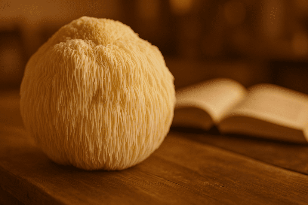 A close-up photograph of a Lion’s Mane mushroom sits on a wooden surface under warm ambient lighting, its shaggy spines clearly visible against a softly blurred background featuring an open book. The earthy tones and cozy indoor setting support the theme of Hericium erinaceus as a natural aid for neurological conditions like multiple sclerosis.